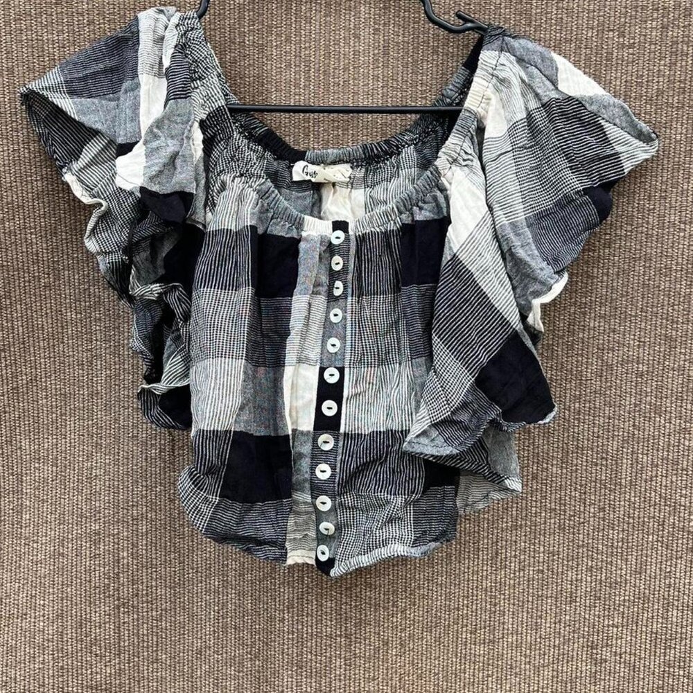 Gypsy Love Black White plaid Country Style Button top Women’s Sz S Crop Ruffled